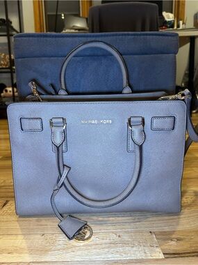 Michael Kors Blue Saffiano Leather Satchel with Gold Hardware